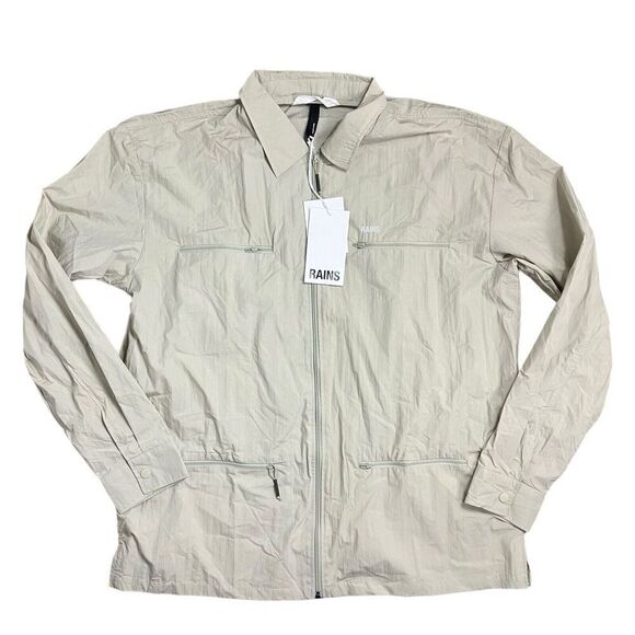 Rains Jacket WMNS XL Cement Full Zip Collar 18690 Woven Athletic Shirt Pockets - Picture 2 of 14